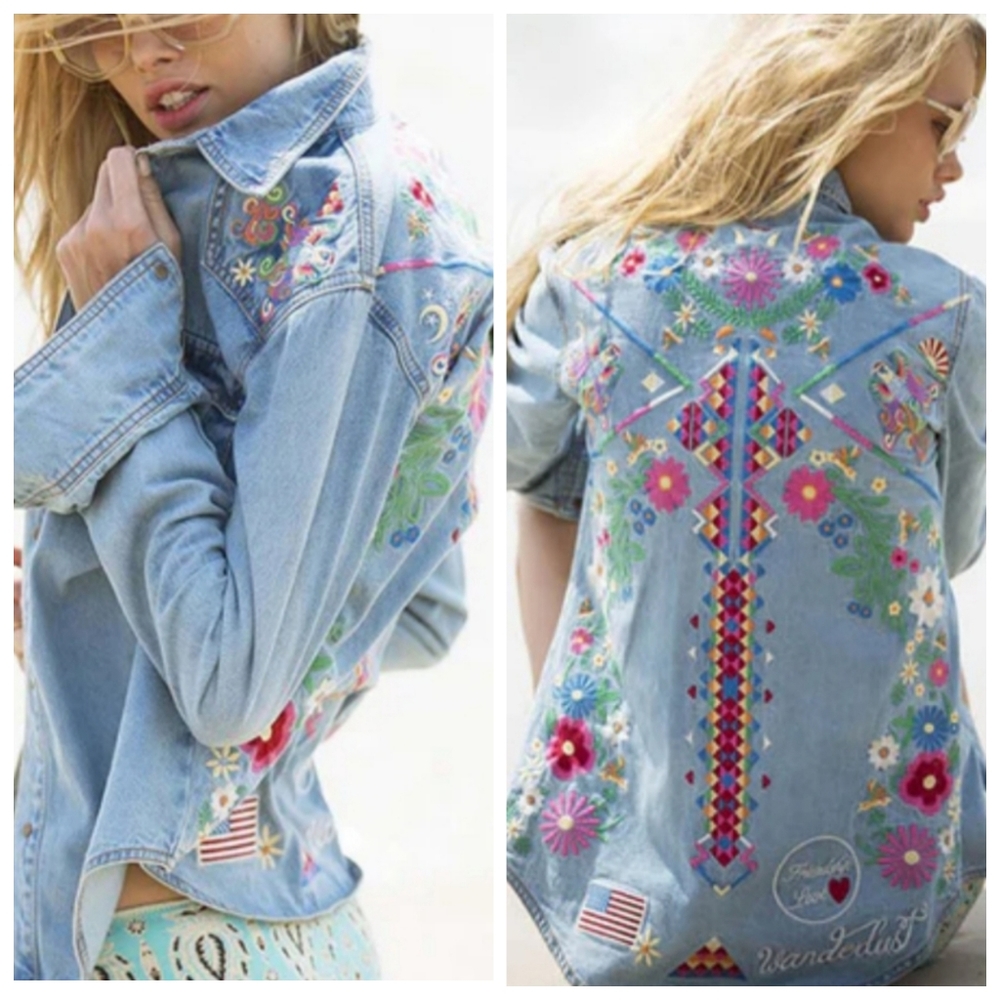 Free People Home Made Denim Shirt Wunderlust Embroidered Sz L - Picture 9 of 15